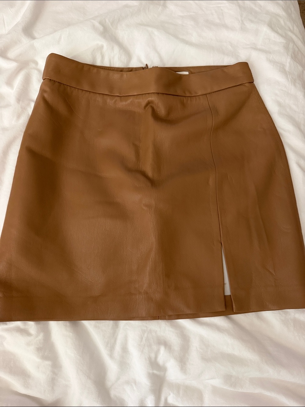 Aritzia Tan Leather Mini Skirt with Front Slit
